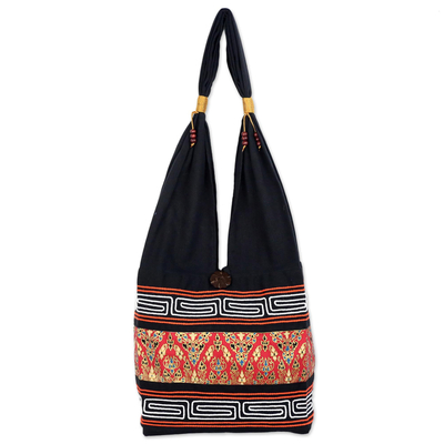 Red and Black Cotton Blend Shoulder Bag from Thailand