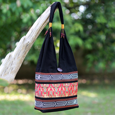 Sling Shoulder Bag Black/Red Cotton and Silk 'Oriental Red' NOVICA Thailand