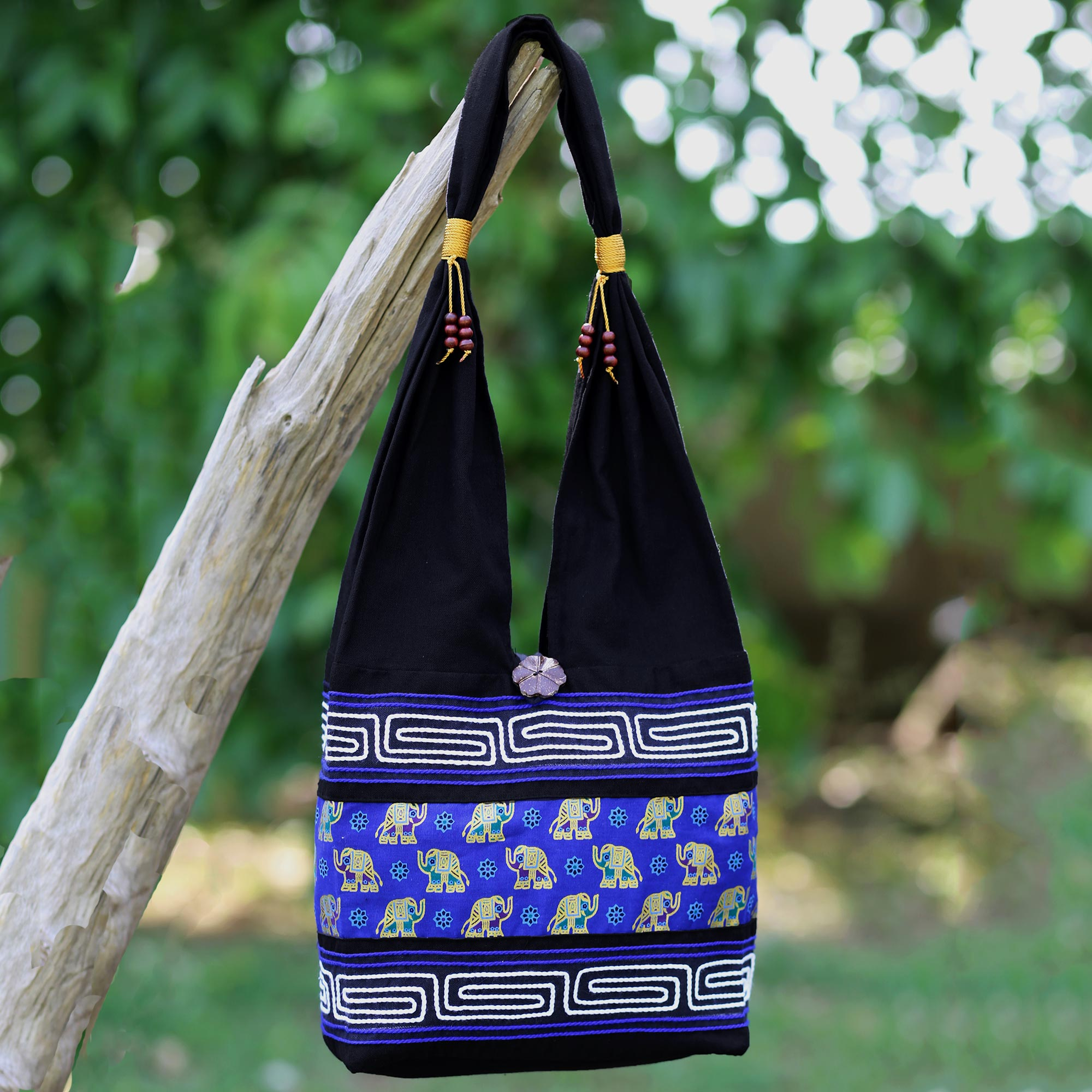 Black and Blue Cotton Blend Shoulder Bag from Thailand - Thai Siam | NOVICA