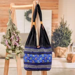 Cotton blend shoulder bag, 'Thai Siam' - Black and Blue Cotton Blend Shoulder Bag from Thailand