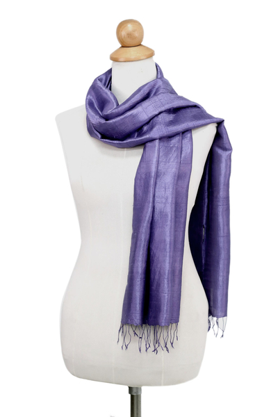 Silk scarf, 'Otherworldly in Blue-Violet' - Hand Woven Fringed Silk Scarf in Blue-Violet from Thailand