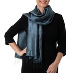 Silk scarf, 'Otherworldly in Iron Grey' - Hand Woven Fringed Silk Scarf in Iron Grey from Thailand