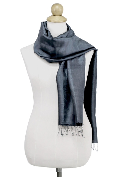 Silk scarf, 'Otherworldly in Iron Grey' - Hand Woven Fringed Silk Scarf in Iron Grey from Thailand