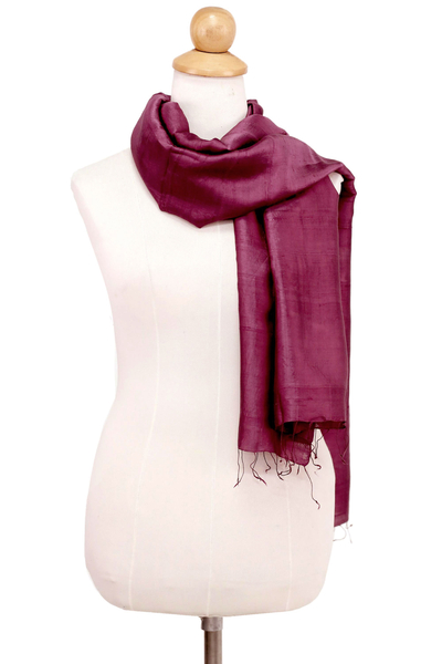 Silk scarf, 'Otherworldly in Magenta' - Hand Woven Fringed Silk Scarf in Magenta from Thailand