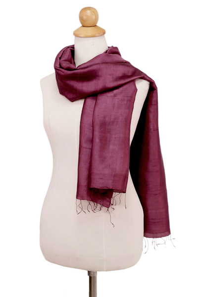 Silk scarf, 'Otherworldly in Magenta' - Hand Woven Fringed Silk Scarf in Magenta from Thailand