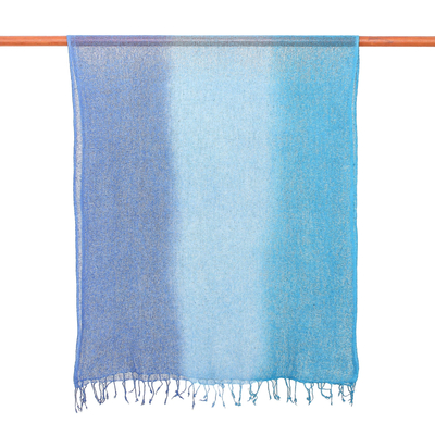 Silk scarf, 'Blue Denim Summer' - Hand Woven Fringed Silk Scarf in Denim Blue from Thailand