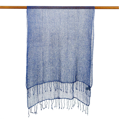 Silk scarf, 'Azure Summer' - Hand Woven Fringed Silk Scarf in Azure from Thailand