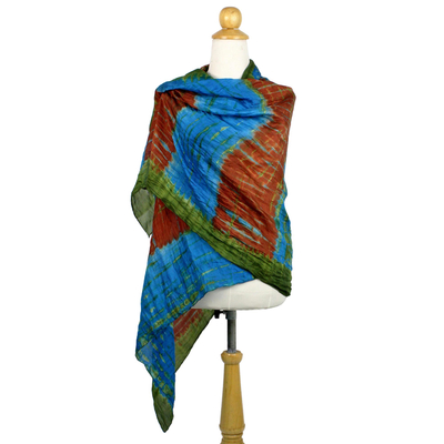 Tie-dyed silk shawl, 'Dreamlike Dance' - Hand Woven Tie Dye Silk Shawl in Multicolor from Thailand