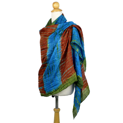 Tie-dyed silk shawl, 'Dreamlike Dance' - Hand Woven Tie Dye Silk Shawl in Multicolor from Thailand