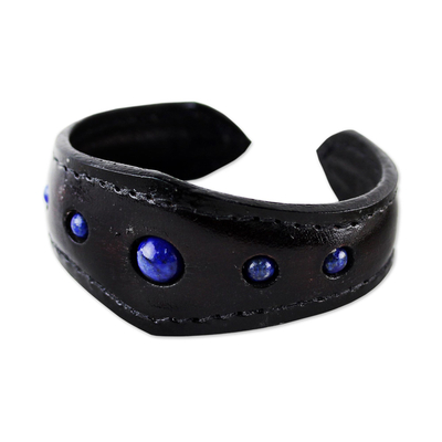 Lapis lazuli cuff bracelet, 'Power Blue' - Lapis Lazuli Cuff Bracelet in Leather Handmade in Thailand