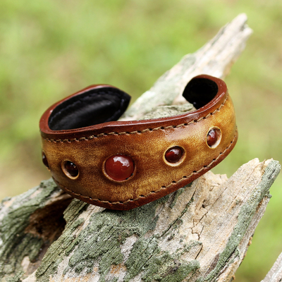 Carnelian cuff bracelet, 'Carnelian Power' - Carnelian Cuff Bracelet in Leather Handmade in Thailand