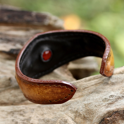 Carnelian cuff bracelet, 'Carnelian Power' - Carnelian Cuff Bracelet in Leather Handmade in Thailand
