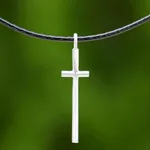 Sterling silver pendant necklace, 'Exquisite Cross' - 925 Sterling Silver Cross on Black Braided Cord Necklace