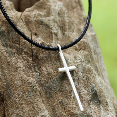 Sterling silver pendant necklace, 'Exquisite Cross' - 925 Sterling Silver Cross on Black Braided Cord Necklace