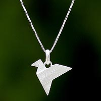Sterling silver pendant necklace, 'Origami Flight' - Origami Bird Sterling Silver Pendant Necklace from Thailand