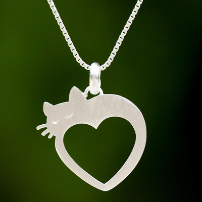 Sterling silver heart pendant necklace, Lovestruck Cat