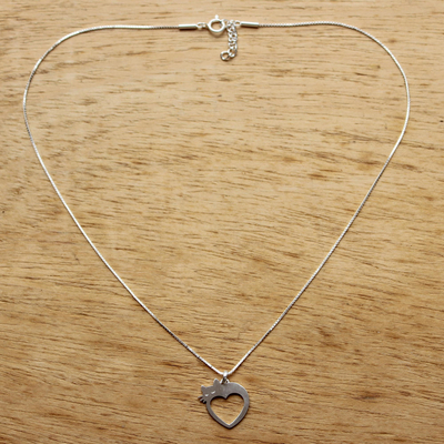 Sterling silver heart pendant necklace, 'Lovestruck Cat' - Cat and Heart Thai 925 Sterling Silver Pendant Necklace