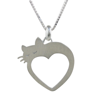 Collar con colgante de corazón en plata de ley - Collar con colgante de plata esterlina 925 tailandesa de gato y corazón
