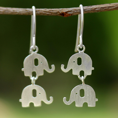 Sterling silver dangle earrings, 'Dangling Elephants' - Handmade Thai 925 Sterling Silver Elephant Hook Earrings