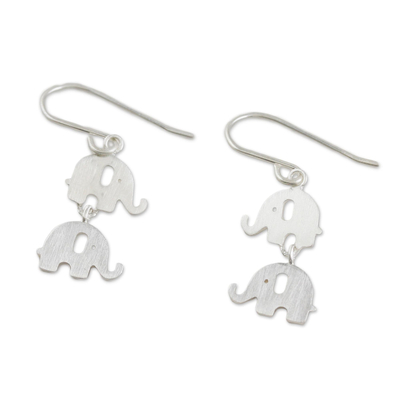 Sterling silver dangle earrings, 'Dangling Elephants' - Handmade Thai 925 Sterling Silver Elephant Hook Earrings