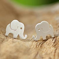 Sterling silver button earrings, 'Endearing Elephants' - Handmade Thai Sterling Silver Post Elephant Earrings