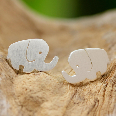 Sterling silver stud earrings, 'Happy Little Elephants' - Sterling Silver Elephant Stud Earrings from Thailand