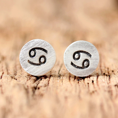 Sterling silver stud earrings, 'Satin Cancer' - Sterling Silver Cancer Stud Earrings from Thailand