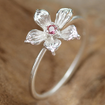 Tourmaline cocktail ring, 'Pink Winter Bloom' - Thai Tourmaline and Sterling Silver Floral Cocktail Ring