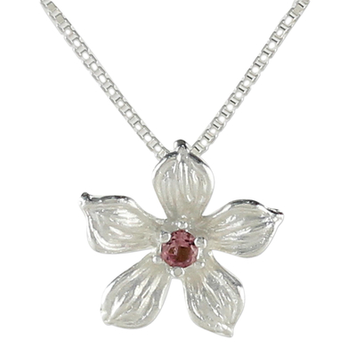 Tourmaline pendant necklace, 'Winter Bloom' - Sterling Silver Tourmaline Floral Pendant Necklace Thailand