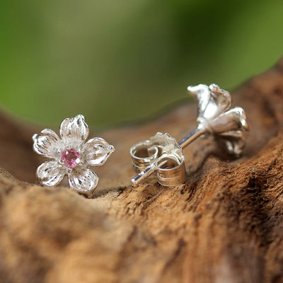 Pendientes de turmalina, 'Winter Blooms' - Pendientes florales de turmalina rosa de plata de ley