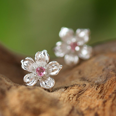 Tourmaline stud earrings, 'Winter Blooms' - Sterling Silver Pink Tourmaline Floral Stud Earrings
