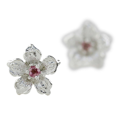 Tourmaline stud earrings, 'Winter Blooms' - Sterling Silver Pink Tourmaline Floral Stud Earrings