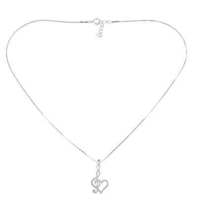 Sterling silver heart pendant necklace, 'Lovely Melody' - Sterling Silver Treble Clef Heart Pendant Necklace Thailand