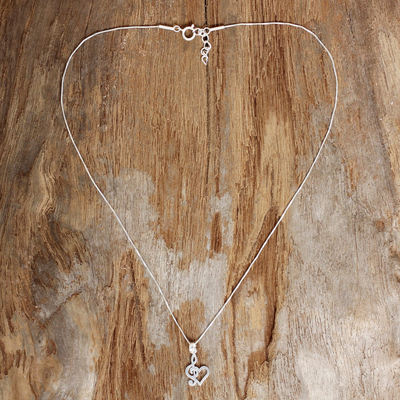 Sterling silver heart pendant necklace, 'Lovely Melody' - Sterling Silver Treble Clef Heart Pendant Necklace Thailand