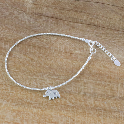 Silver beaded bracelet, 'Pachyderm Charm' - Thai Karen Silver Beaded Bracelet & Elephant Charm