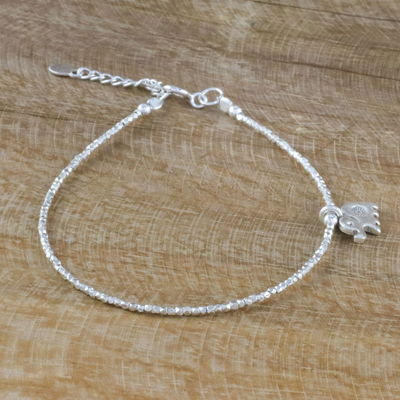 Silver beaded bracelet, 'Pachyderm Charm' - Thai Karen Silver Beaded Bracelet & Elephant Charm