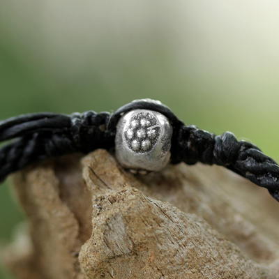 Silver pendant bracelet, 'Island Leaf' - Silver Leaf Pendant Bracelet with Black Cord from Thailand