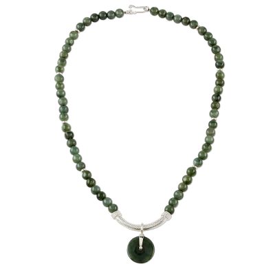 Jade beaded pendant necklace, 'Green Royalty' - Jade and Sterling Silver Beaded Pendant Necklace Thailand
