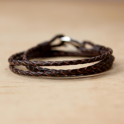 Leather wrap bracelet, 'Braided Friendship in Sable' - Sable Braided Leather Cord Bracelet from Thailand
