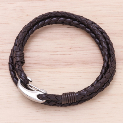 Wickelarmband aus Leder - Braunes geflochtenes Leder-Wickelarmband aus Thailand