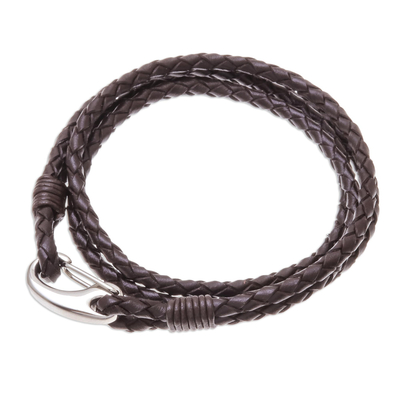 Leather wrap bracelet, 'Braided Friendship in Coffee' - Brown Braided Leather Wrap Bracelet from Thailand