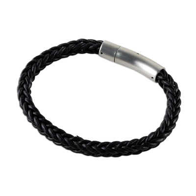 Leather wristband bracelet, 'Magical Braid' - Black Braided Leather Wristband Bracelet from Thailand