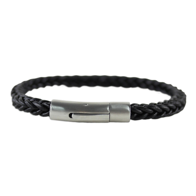 Leather wristband bracelet, 'Magical Braid' - Black Braided Leather Wristband Bracelet from Thailand