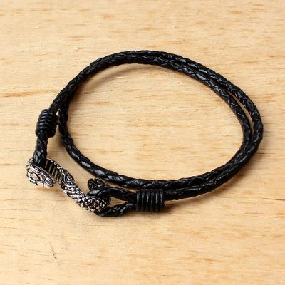 Black Leather Wrap Bracelet With Snake Pendant Thailand Serpentine Connection Black Leather Wrap Bracelet With Snake Pendant Thailand Serpentine Connection