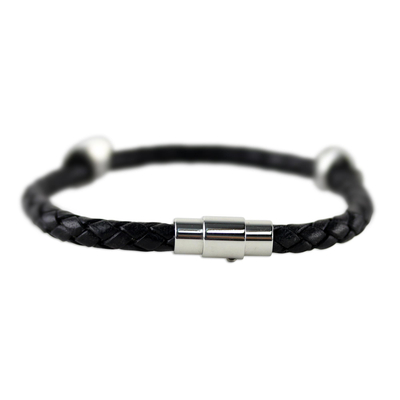 Men's braided leather bracelet, 'Midnight Rays' - Men's Braided Leather Bracelet with Stainless Steel Accents