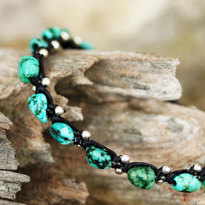 Sterling silver braided bracelet, 'Turquoise Bohemian' - Thai Jewelry Braided Bracelet Turquoise Color 925 Silver