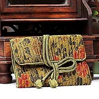 Rayon and silk blend Jewellery roll, 'Olive Floral Journey' - Rayon Silk Blend Jewellery Roll Floral Olive Motif Thailand