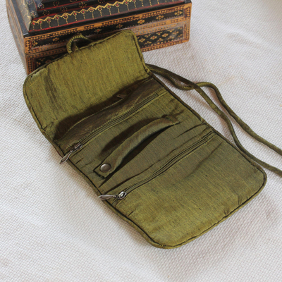 Rayon and silk blend jewelry roll, 'Olive Floral Journey' - Rayon Silk Blend Jewelry Roll Floral Olive Motif Thailand