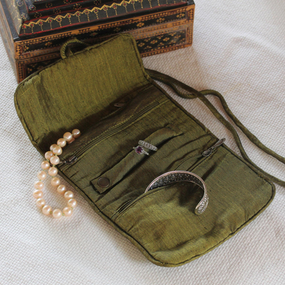 Rayon and silk blend Jewellery roll, 'Olive Floral Journey' - Rayon Silk Blend Jewellery Roll Floral Olive Motif Thailand