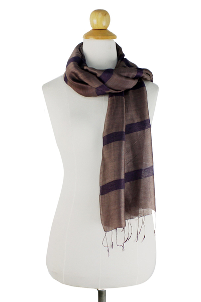 Silk blend scarf, 'Friendly Stripes' - Hand Woven Silk and Rayon Striped Scarf from Thailand